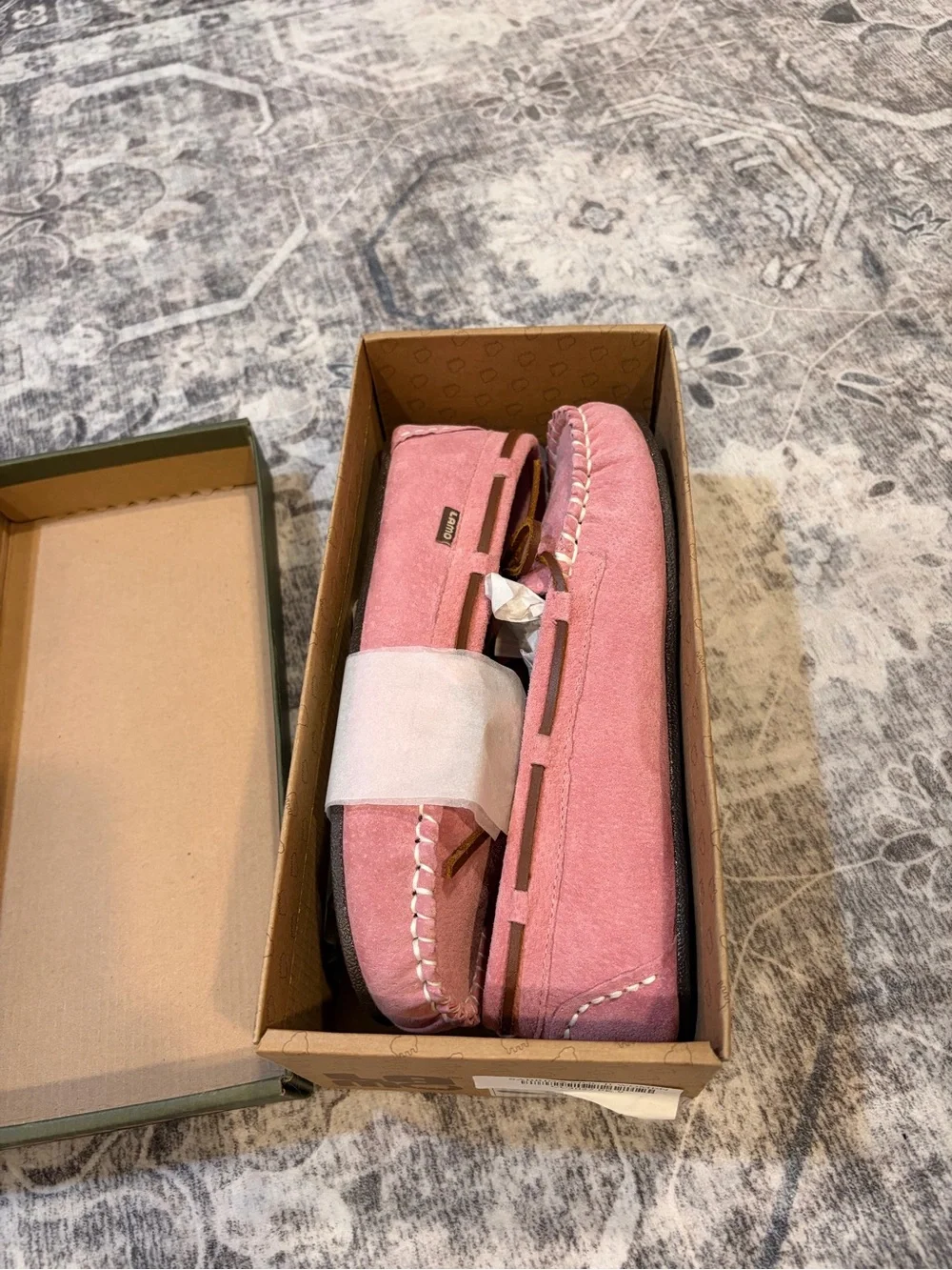 Lamo Pink Suede Moccasins with Brown Leather Laces